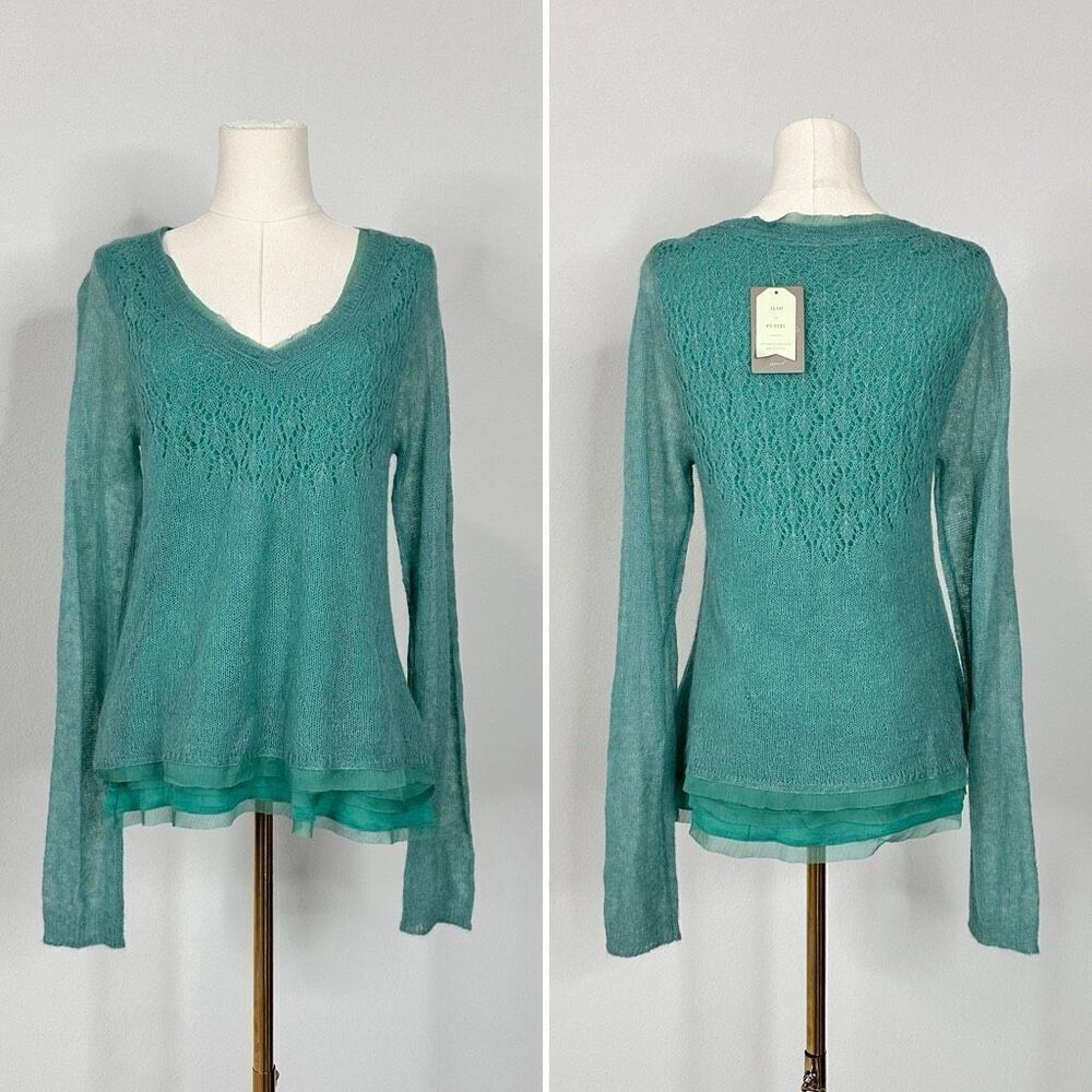 Anthropologie Knitted & Knotted Irina Green Layered Alpaca Blend Sweater M NWT - Picture 2 of 14